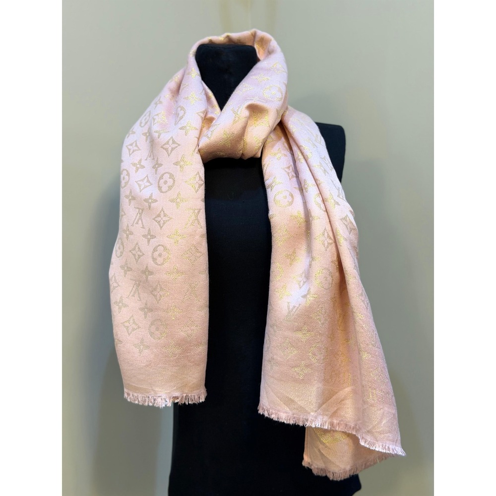Louis Vuitton Monogram Shawl Pink Gold Wool Cashmere Blend Scarf Wrap Paris